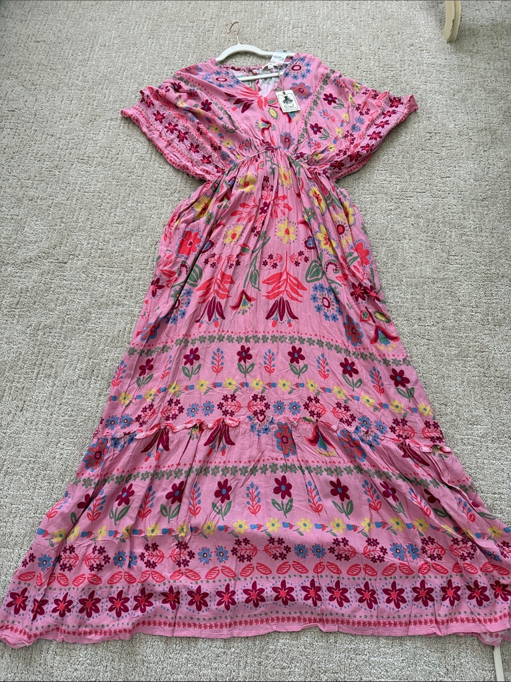 Boho Pink Floral Maxi Dress with Tiered Skirt